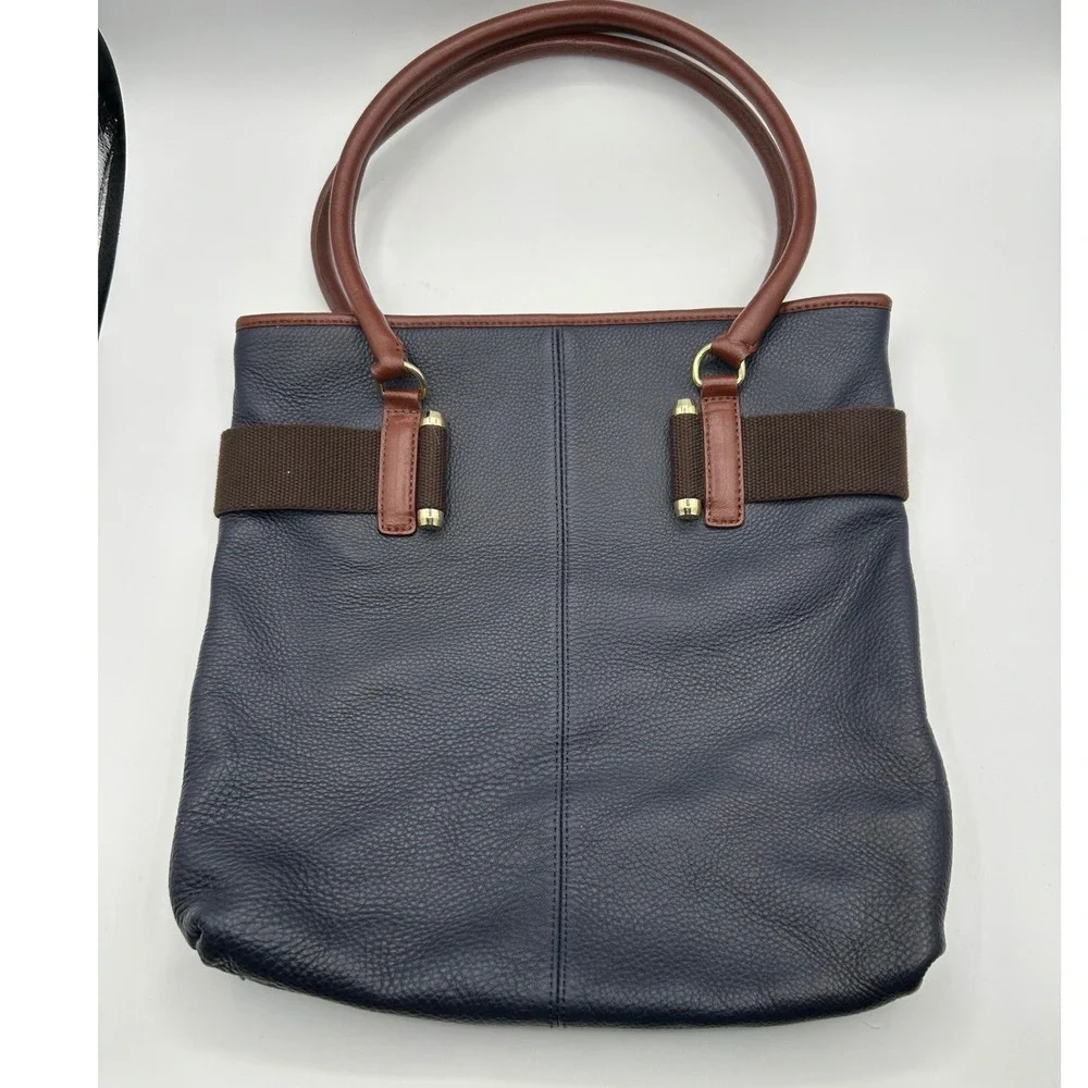 Talbots Tote Bag Women Large Navy Blue Pebbled Leather Brown Trim Shoulder Purse